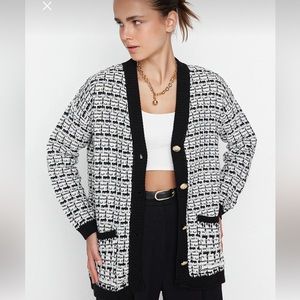 Black white gold Wide Fit Tweed Look Shimmer: Knit Cardigan